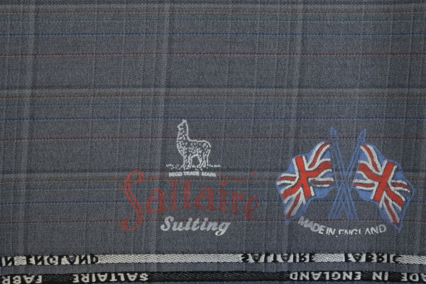 Fabric branded with ‘Saltaire Suiting’ and the alpaca logo.