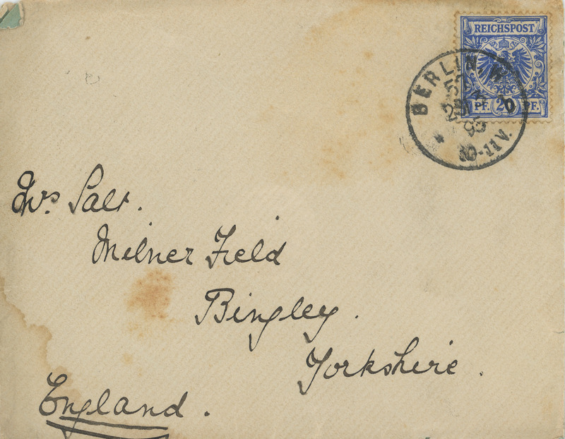 2018.9.1.1.1.2: Letter to Catherine Salt from Isabel Salt in Germany: Envelope - front. Image credit: Saltaire Collection