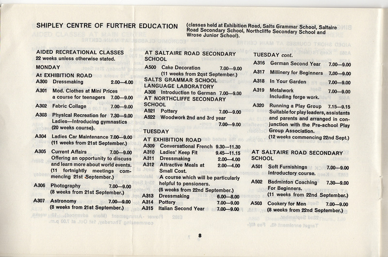 E2-021a-hh: 34 Prospectus for Recreational classes for Shipley, Bingley & Baildon 1960-1971: Recreational classes brochure 1970-71 - page 8. Digital image credit: Saltaire Collection