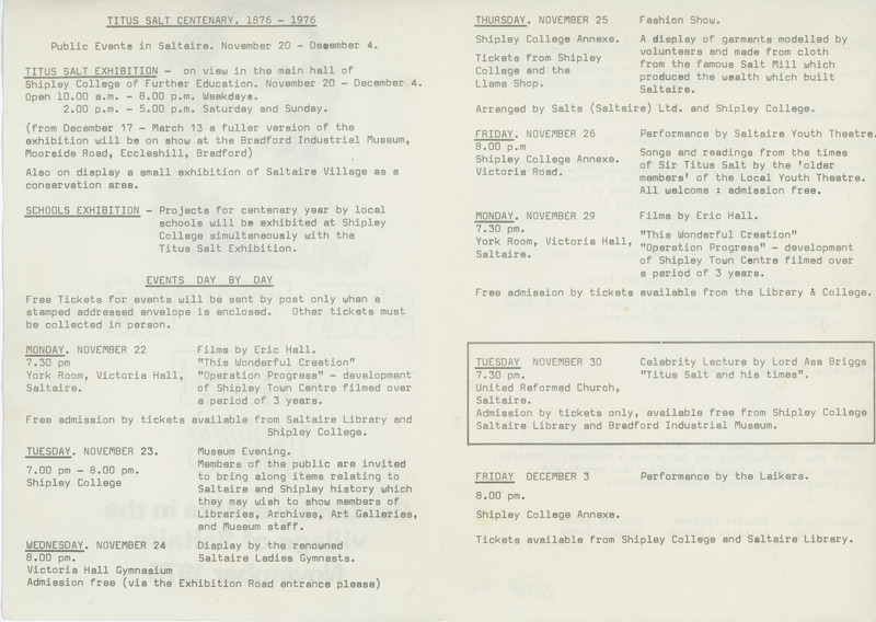 2018.71: Sir Titus Salt 1876: Centenary events in the village of Saltaire, November 1976: Inside pages. Digital image credit: Saltaire Collection