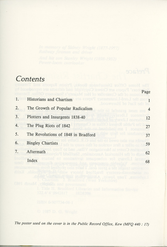 2025.36: The Chartist Risings in Bradford: Contents page. Digital image credit: Saltaire Collection