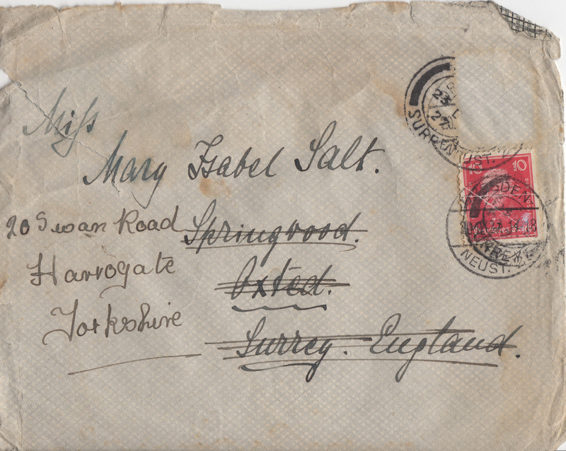 2018.9.1.1.2.9: Letter from Isabel Salt to Tottie 1927: Envelope. Image credit: Saltaire Collection