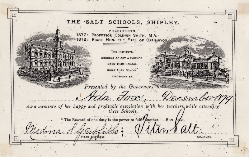 E1a-021a: Salts School certificate. Digital image credit: Saltaire Collection