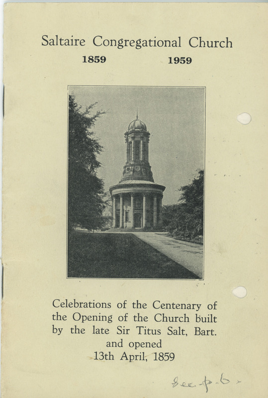 2018.70: Saltaire Congregational Church: 1858 1959: Front cover. Digital image credit: Saltaire Collection