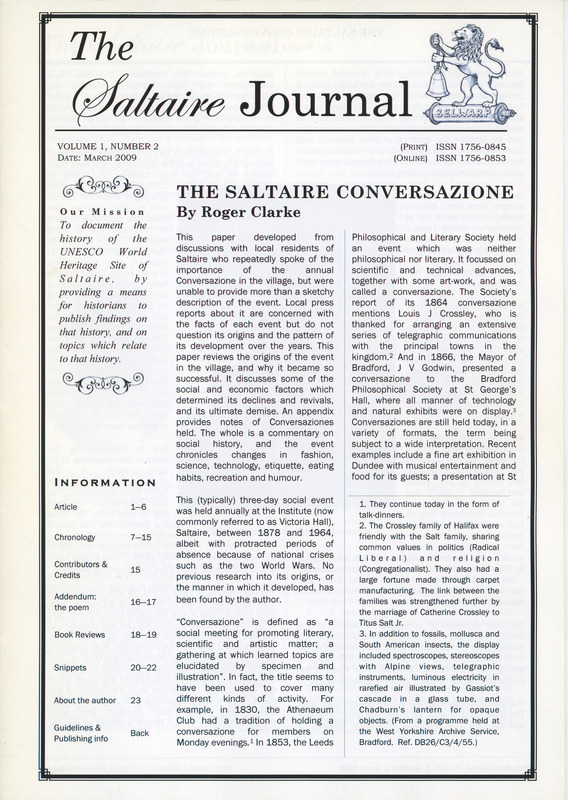 2024.90: The Saltaire Journal Vol.1 No.2 March 2009 The Saltaire Conversazione by Roger Clarke. Image credit: Saltaire Collection