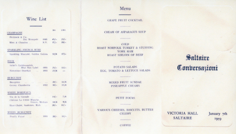 D1-009: Menu for Saltaire Conversazione dinner. Image credit: Saltaire Collection