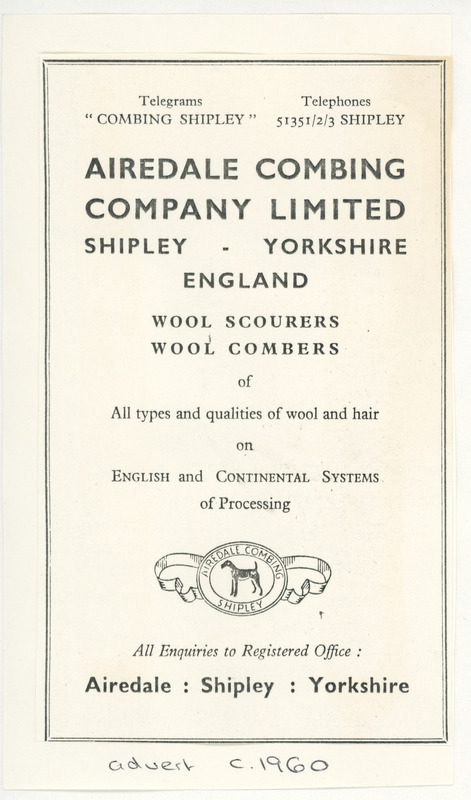 F1b-160.4: Advert for Airedale Combing Company Limited. Digital image credit: Saltaire Collection