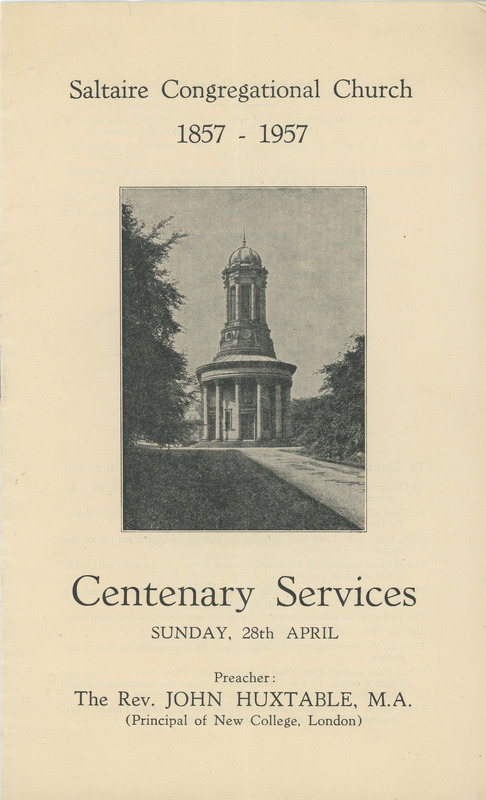 2018.78: Saltaire Congregational Church: 1857 1957 Centenary Services: Front cover. Digital image credit: Saltaire Collection