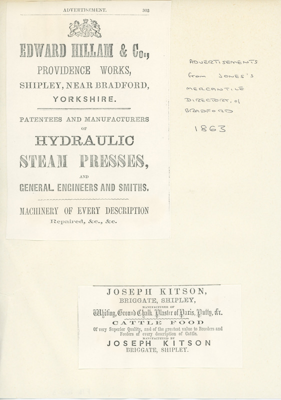 F1b-160.3: Adverts from Jones's Mercantile Directory of Bradford 1863. Digital image credit: Saltaire Collection