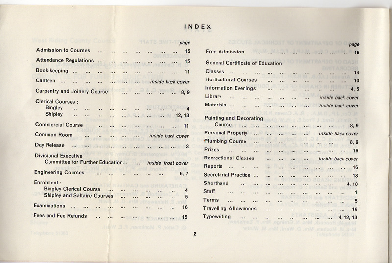 E2-022a-cc: Shipley Technical Institute of School and Art Prospectus for Vocational courses: Vocational courses brochure 1968-9 - page 2. Digital image credit: Saltaire Collection