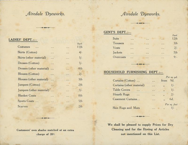 F1b-160.1: The Airedale Dyeworks pricelist (Spring 1922): Inside pages. Digital image credit: Saltaire Collection