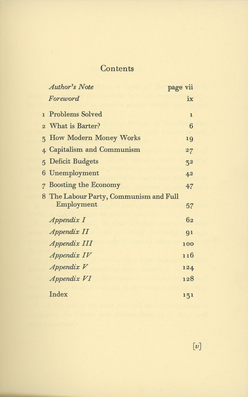 2025.51: Modern Money and Unemployment and the Law of Barter: Contents page. Digital image credit: Saltaire Collection