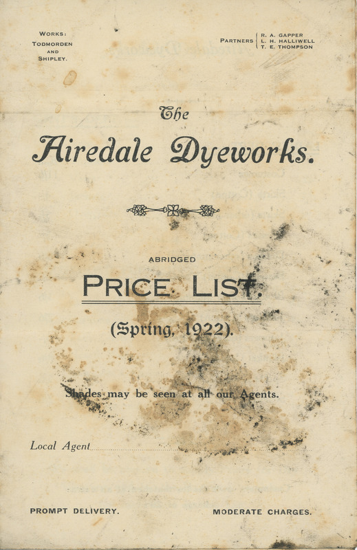 F1b-160.1: The Airedale Dyeworks pricelist (Spring 1922): Front cover. Digital image credit: Saltaire Collection