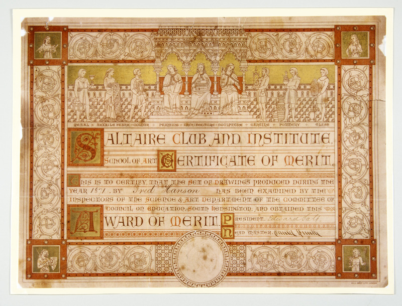 H1-005a: Saltaire School of Art Certificate. Image credit: Saltaire Collection