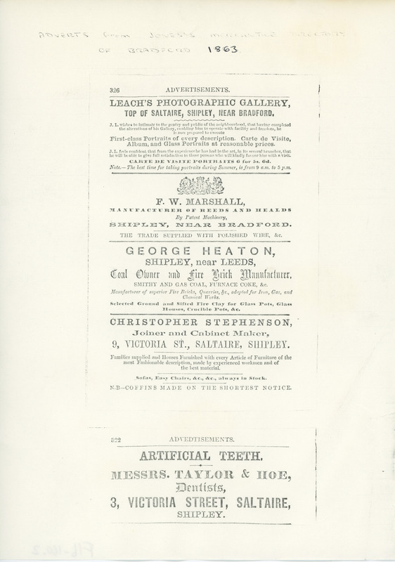 F1b-160.2: Adverts from Jones's Mercantile Directory of Bradford 1863. Digital image credit: Saltaire Collection