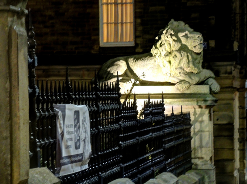2025.68.75: Lion on Salt Building at night. Digital image credit: Saltaire Collection