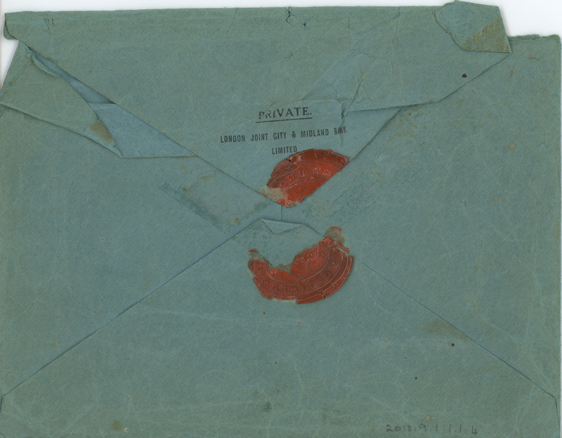 2018.9.1.1.1.4: Empty envelope addressed to Catherine Salt: Back. Image credit: Saltaire Collection