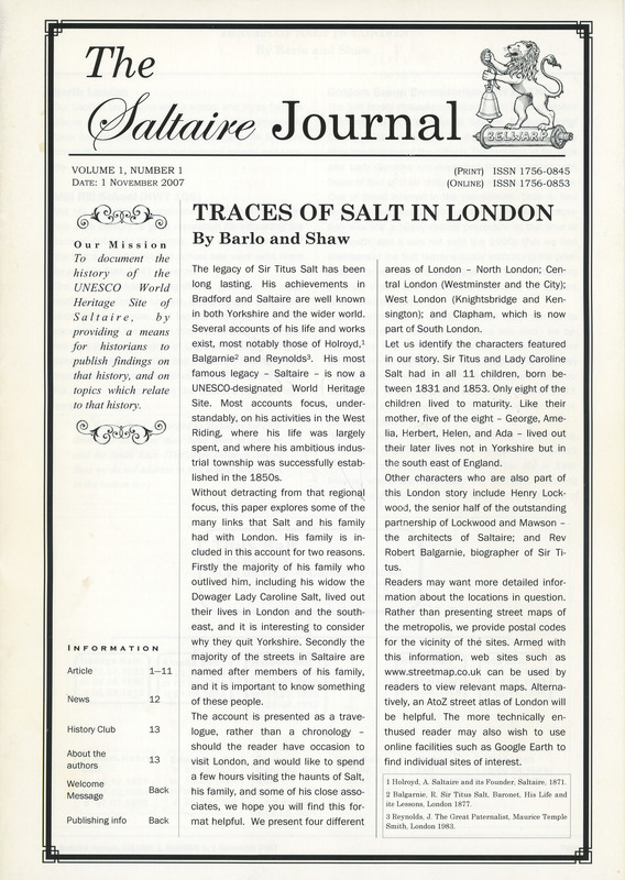 2024.89: The Saltaire Journal Vol.1 No.1 November 2007 Traces of Salt in London by Barlow and Shaw. Image credit: Saltaire Collection