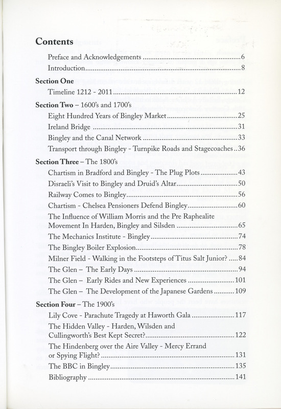 2025.37: Bingley and surrounds. Forgotten moments from history: Contents page. Digital image credit: Saltaire Collection