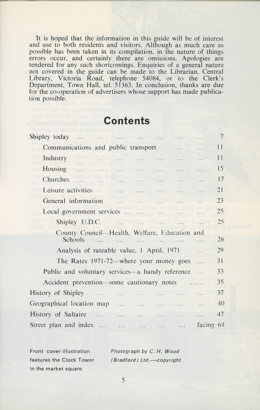 2025.40: Shipley, West Yorkshire. Official guide and street map: Contents page. Digital image credit: Saltaire Collection