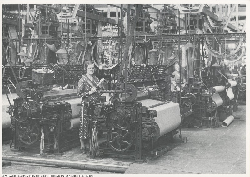 2024.56.1: A weaver loads a pirn of weft thread into a shuttle, 1940s. Image credit: Saltaire Collection