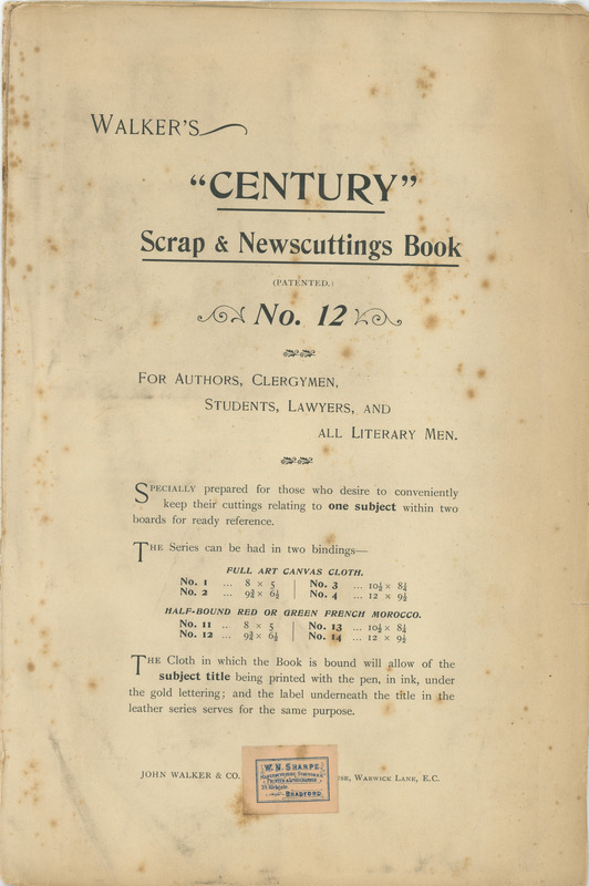 H2-210.2: Page 1 from a book of James Roberts' newspaper cuttings 1905-1918. Digital image credit: Saltaire Collection