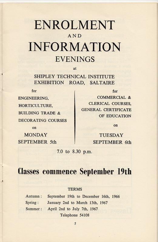 E2-022a-cc: Shipley Technical Institute of School and Art Prospectus for Vocational courses: Vocational courses brochure 1966-67 - page 5. Digital image credit: Saltaire Collection