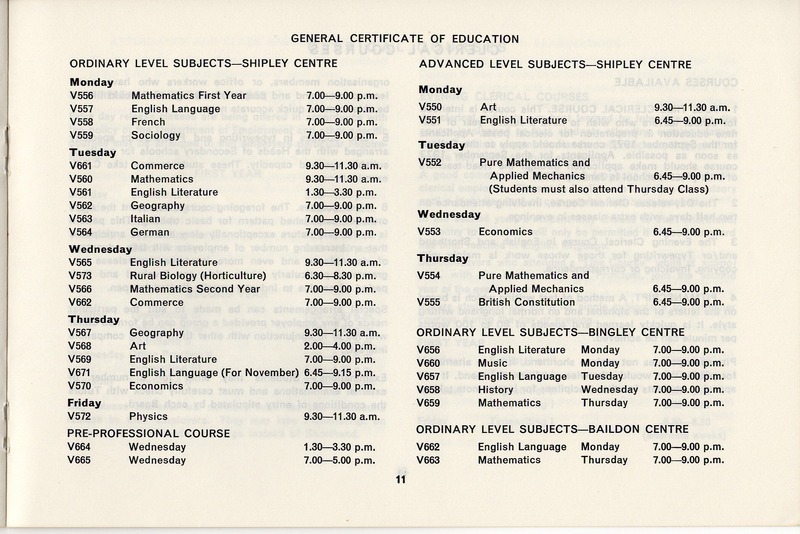 E2-022a-cc: Shipley Technical Institute of School and Art Prospectus for Vocational courses: Vocational courses brochure 1972-73 - page 11. Digital image credit: Saltaire Collection