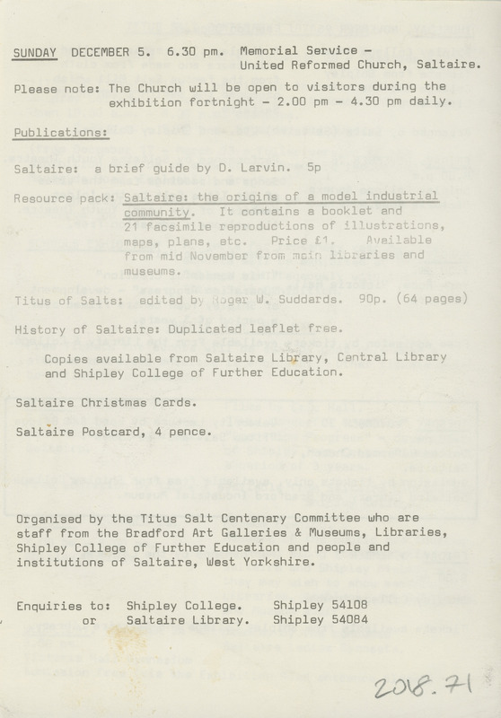 2018.71: Sir Titus Salt 1876: Centenary events in the village of Saltaire, November 1976: Back cover. Digital image credit: Saltaire Collection
