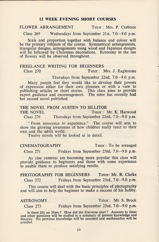 E2-021a-hh: 34 Prospectus for Recreational classes for Shipley, Bingley & Baildon 1960-1971: Recreational classes brochure 1966-67 - page 10. Digital image credit: Saltaire Collection