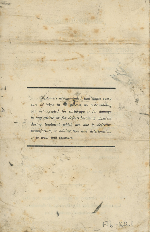 F1b-160.1: The Airedale Dyeworks pricelist (Spring 1922): Back cover. Digital image credit: Saltaire Collection