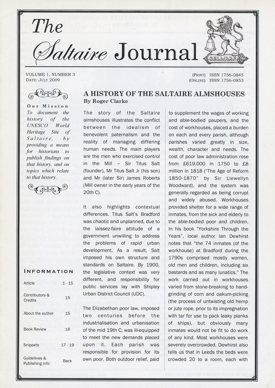 2024.91: The Saltaire Journal Vol.1 No.3 July 2009. A History of the Saltaire Almshouses. Image credit: Saltaire Collection