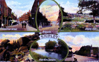 2024.120: Shipley postcard showing Commercial Street, Briggate, Shipley Glen, River Aire, Saltaire and Saltaire park as small views on the front of the card.. Digital image credit: Saltaire Collection
