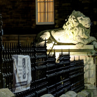 2025.68.75: Lion on Salt Building at night. Digital image credit: Saltaire Collection