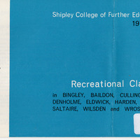 E2-021a-hh: 34 Prospectus for Recreational classes for Shipley, Bingley & Baildon 1960-1971: Recreational classes brochure 1970-71 - front cover. Digital image credit: Saltaire Collection